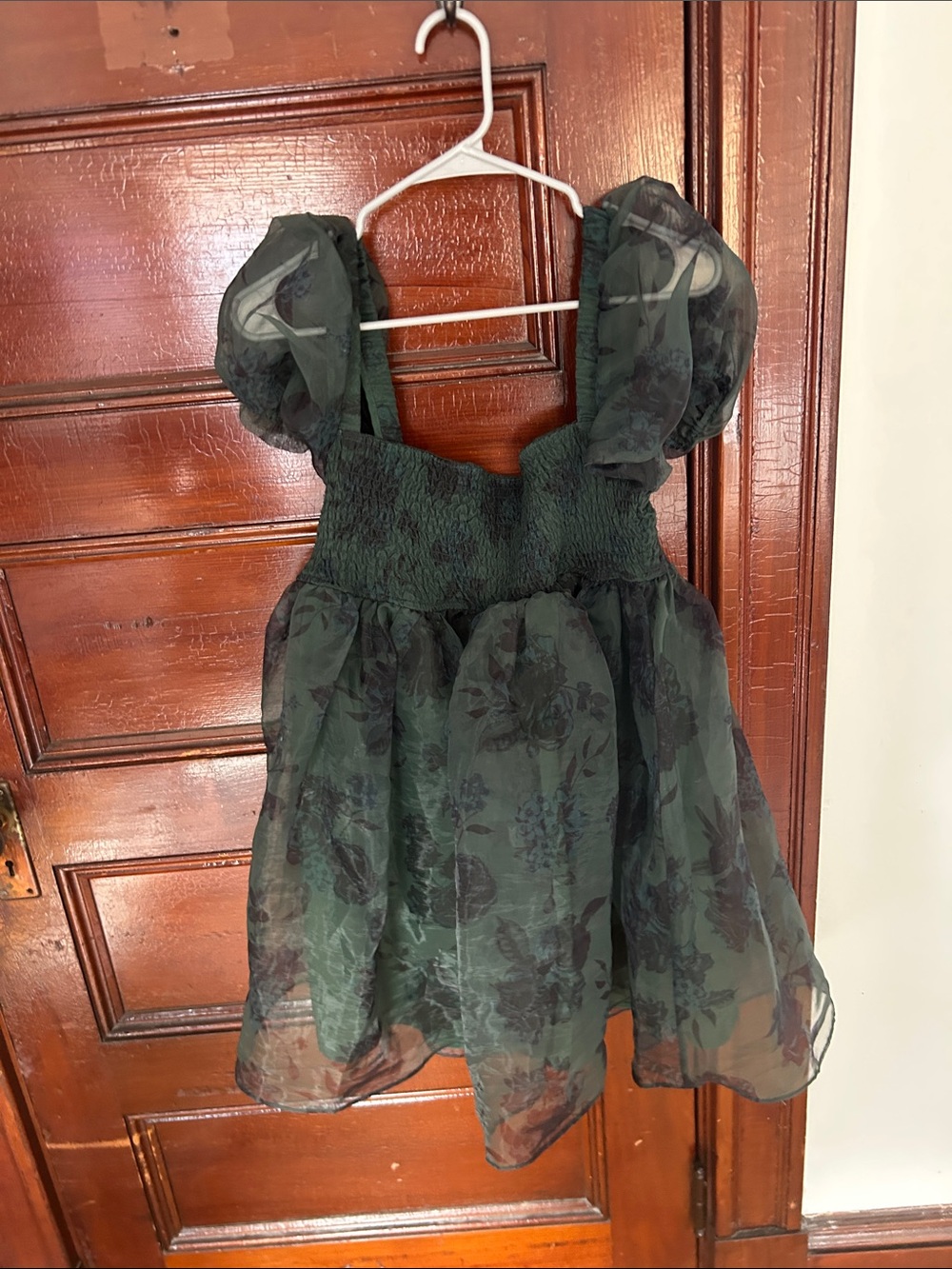 WeWoreWhat Forest Green Floral Puff-Sleeve Mini Dress